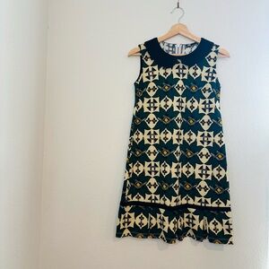 Zara Geometric Print Sleeveless Dress - Peter Pan Collar - Teal & Black - Size M